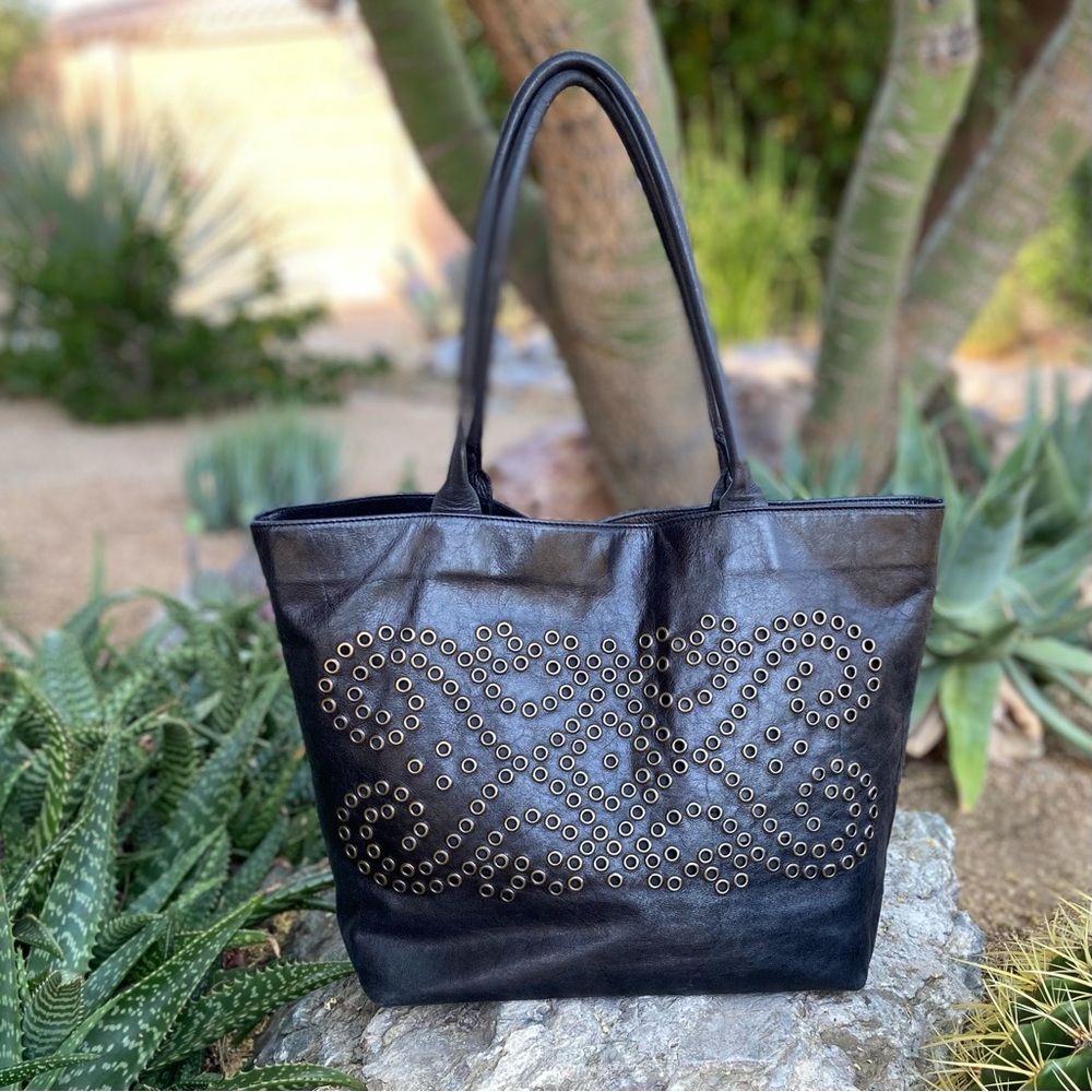 BERGE Vintage Leather Tote Shoulder Bag, Burnished Gold Grommet Design